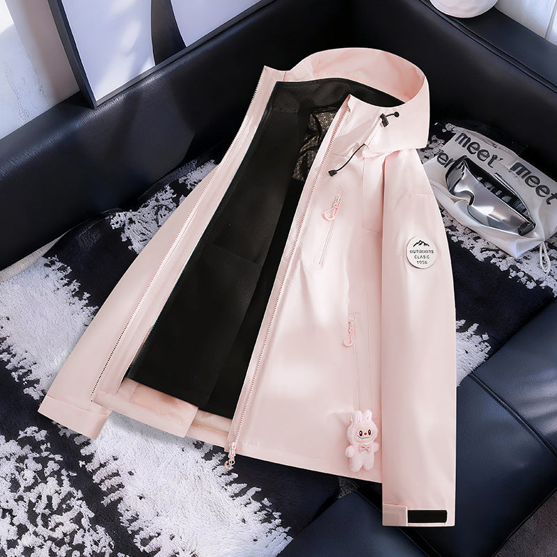 Damen Leichte wasserdichte Kapuzenjacke mit Teddy‑Charm und verdeckten Reißverschlusstaschen Nord Taschen