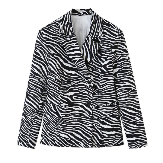 Damen Zebra-Print Blazer im Tailoring-Look mit Doppelreiher und figurbetonter Taille Nord Taschen