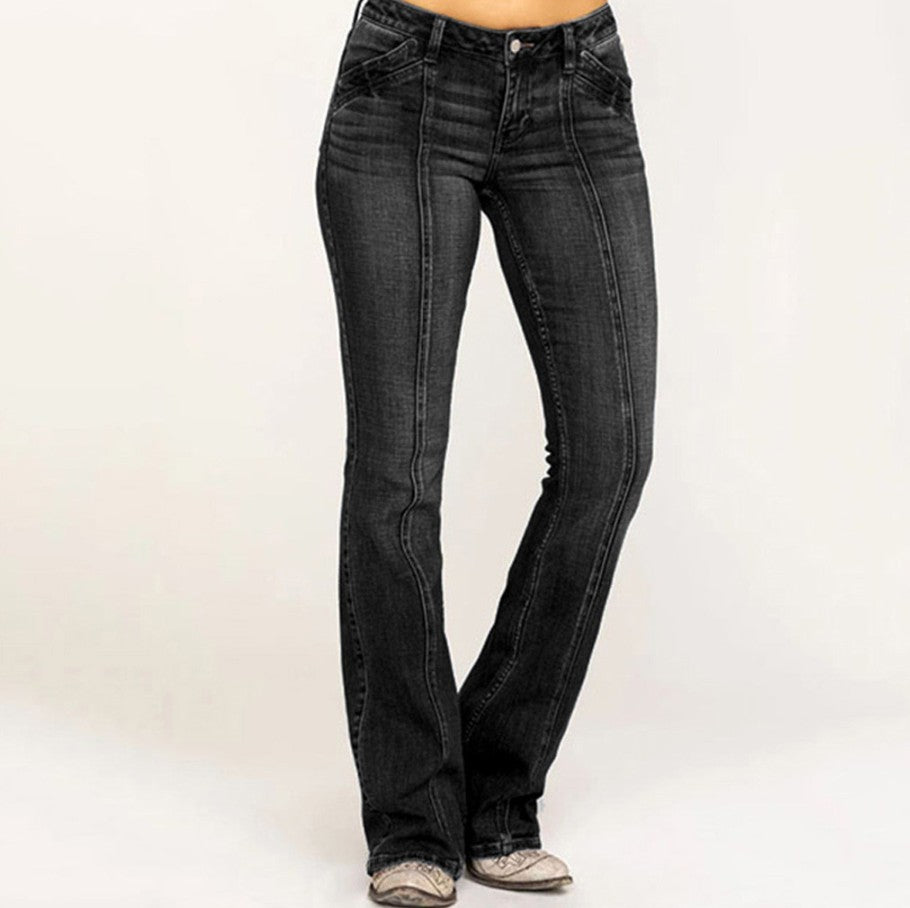 Damen weite Schlagjeans mit hochgeschnittener Taille, figurbetontem Hüftschnitt und elastischem Denim Nord Taschen