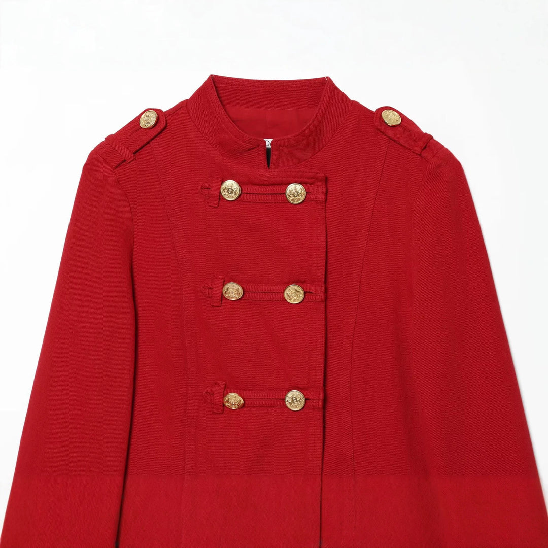 Damen Kurze Militärblazer-Jacke mit Stehkragen und goldenen Zierknöpfen Nord Taschen