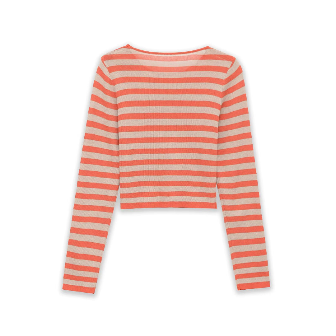 Damen Gestreifter Cropped Feinstrickpullover mit Rundhalsausschnitt Nord Taschen