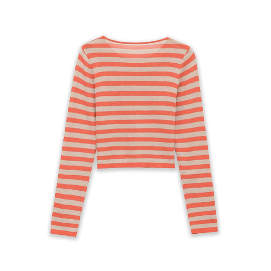 Damen Gestreifter Cropped Feinstrickpullover mit Rundhalsausschnitt Nord Taschen