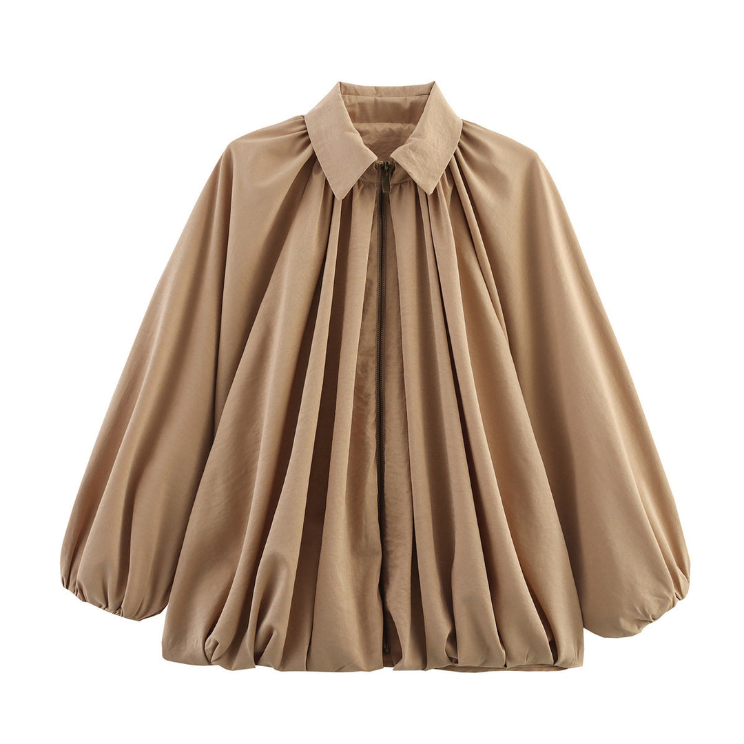 Damen Weite plissierte Cape-Bluse mit Stehkragen und verdecktem Reißverschluss Nord Taschen