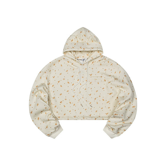 Damen Cropped Kapuzen-Sweatshirt mit Allover-Blumenprint, Brusttasche und gerafftem Saum Nord Taschen