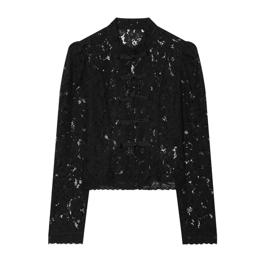 Damen Transparente Spitzenjacke im chinesischen Stil mit Stehkragen und Knotenverschlüssen Nord Taschen