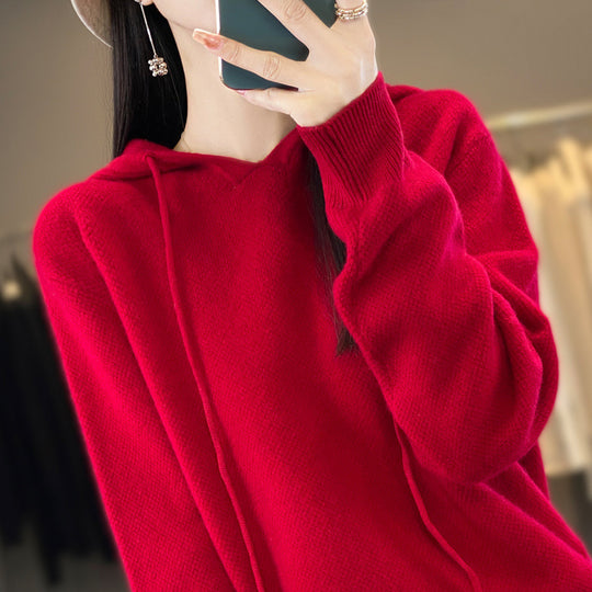 Damen weicher Feinstrick‑Kapuzensweater mit melierter Struktur und gerippten Bündchen Nord Taschen
