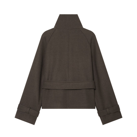 Damen Kurze doppeltreihige Wollmix‑Capejacke mit hohem Stehkragen und Taillengürtel Nord Taschen