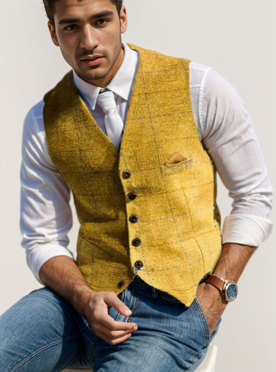 Herren Tweed-Weste im Vintage-Stil mit Revers, Brusttasche und Zierkettendetail Nord Taschen