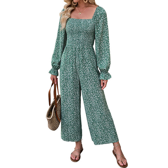 Damen Lässiger Jumpsuit mit floralen Mustern und langen Ärmeln Nord Taschen
