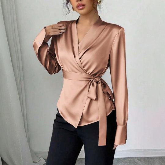 Damen Satin-Wickelbluse mit V-Ausschnitt, Taillengürtel und schmalem Manschettenärmel Nord Taschen