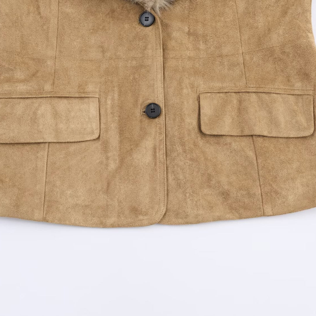 Damen Kurzjacke aus Wildlederoptik mit voluminösem Kunstfellkragen und Fellmanschetten Nord Taschen
