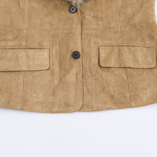Damen Kurzjacke aus Wildlederoptik mit voluminösem Kunstfellkragen und Fellmanschetten Nord Taschen