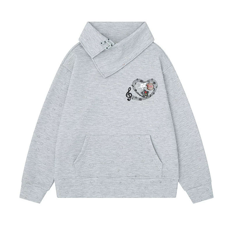 Damen Oversize-Sweatshirt mit asymmetrischem Stehkragen, Kängurutasche und musikalischer Herz-Stickerei Nord Taschen