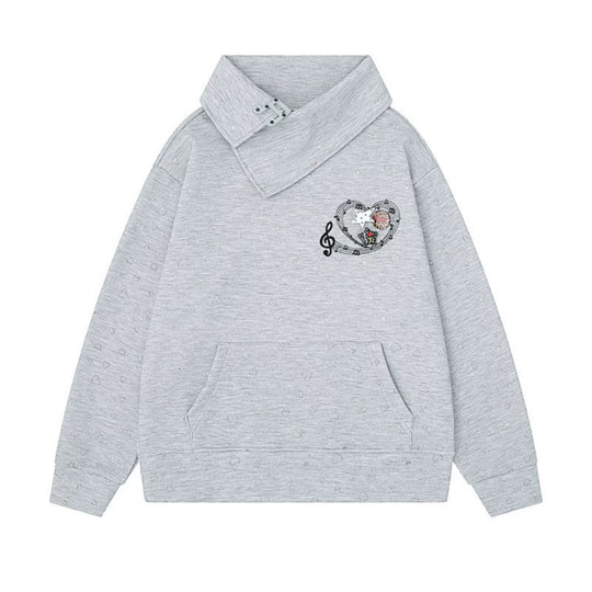Damen Oversize-Sweatshirt mit asymmetrischem Stehkragen, Kängurutasche und musikalischer Herz-Stickerei Nord Taschen
