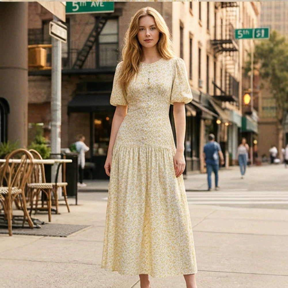 Damen Midikleid mit Puffärmeln, taillierter Silhouette und geknöpftem Mieder Nord Taschen