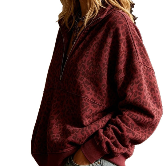 Damen Oversize Sweatshirt mit halbem Reißverschluss und Leo-Print Nord Taschen