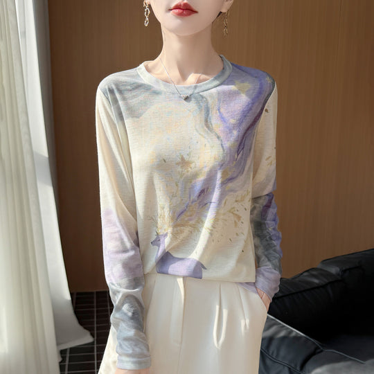 Damen Leichtes Langarmshirt aus Viskose-Mix mit Aquarellprint und Rundhalsausschnitt Nord Taschen