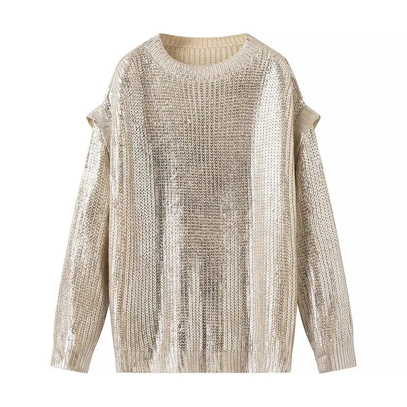 Damen Glänzender Oversize-Strickpullover mit Schulter-Cutouts Nord Taschen