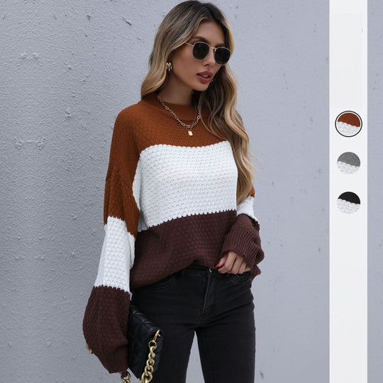Damen Colorblock-Strickpullover mit grobem Strukturstrick und überschnittener Schulter Nord Taschen