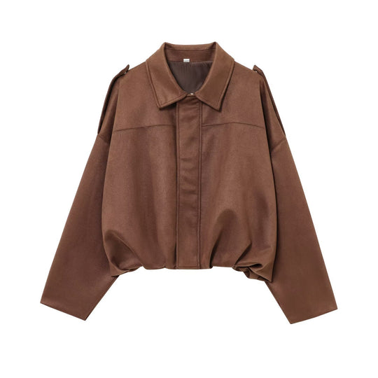 Damen Gekürzte Wildlederoptik-Blousonjacke mit Taillen-Smock und Schulterpatten Nord Taschen