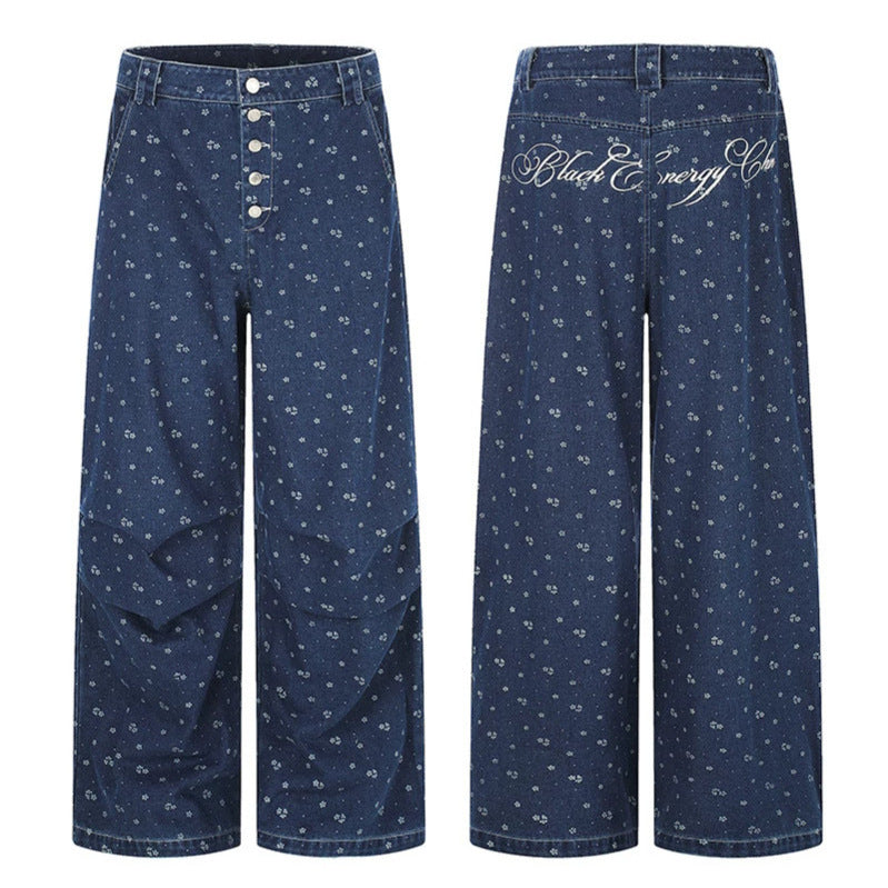 Damen High‑Waist Culotte-Jeans im Palazzoschnitt mit sichtbarer Knopfleiste und feinem Blumenprint Nord Taschen
