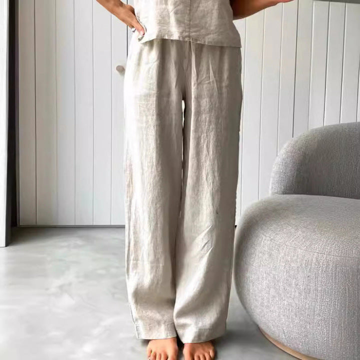 Damen lässiges Leinen-Set mit trägerloser Bluse und weiten Hosen