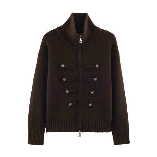 Damen Strickjacke mit Reißverschluss, hohem Stehkragen und dekorativen Zierknopfleisten Nord Taschen