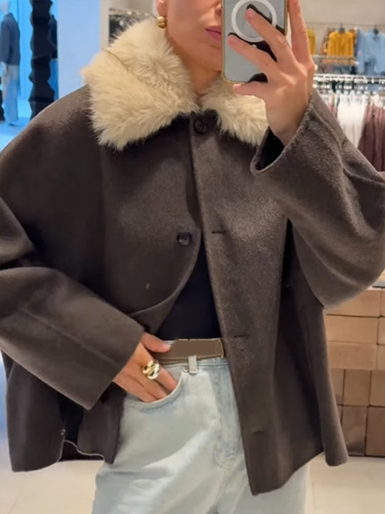 Damen Boxy-Cropped Wollmix-Jacke mit weichem Kunstpelz‑Schalkragen Nord Taschen