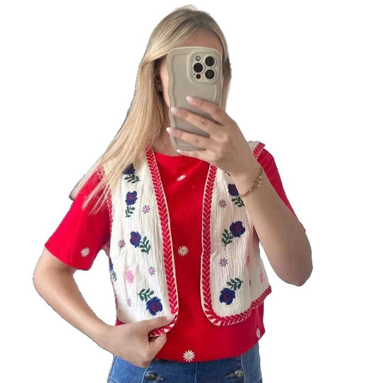 Damen Bestickte Kurz-Weste im Boho‑Chic mit floralen Applikationen Nord Taschen