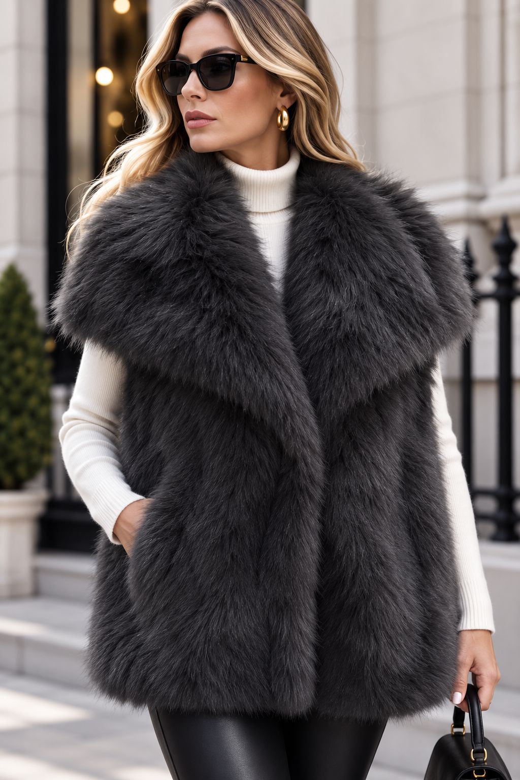 Damen Ärmellose Luxus‑Faux‑Fur‑Weste mit extraweichem Langflor und übergroßem Schalkragen Nord Taschen