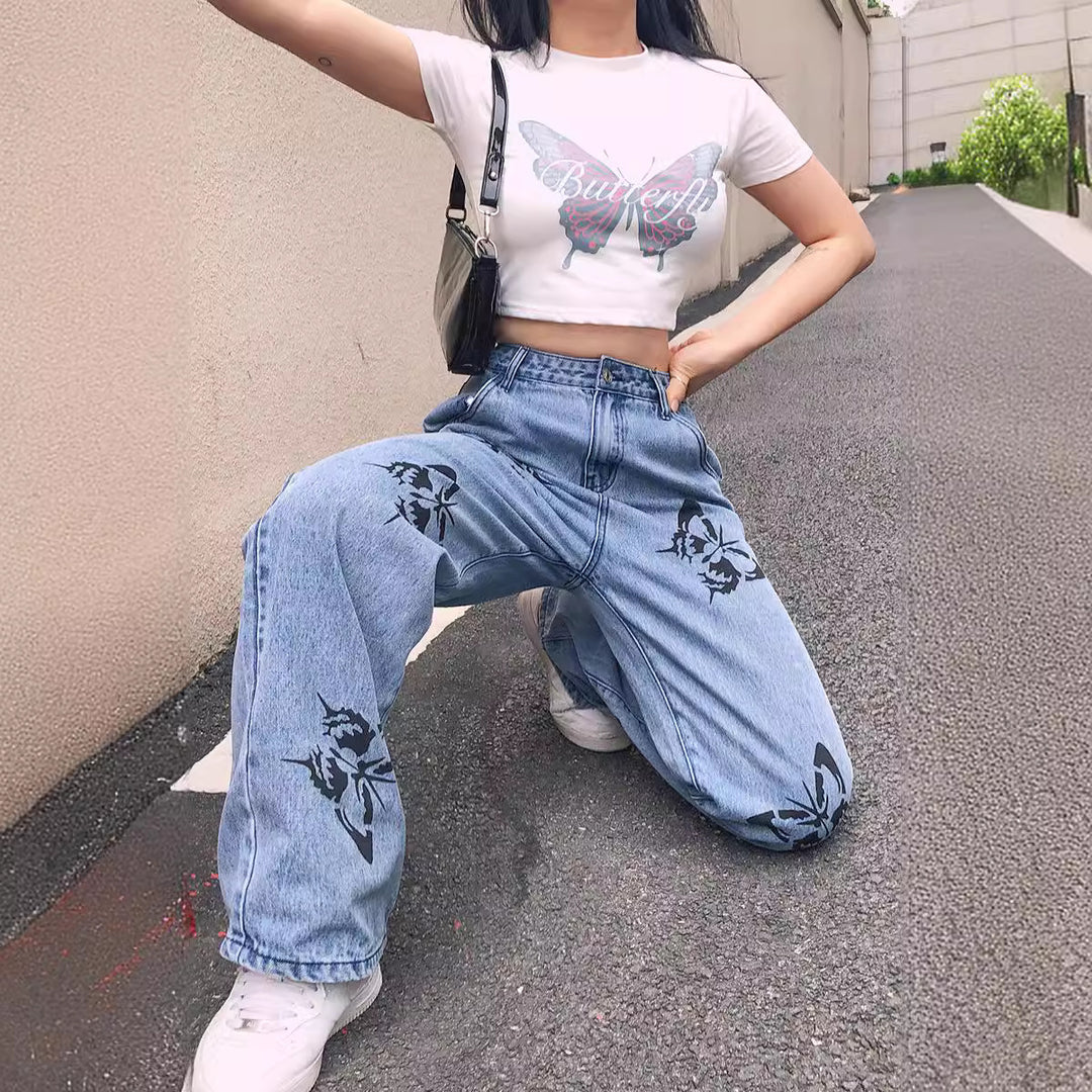 Damen weite High-Waist-Jeans mit Gothic-Schmetterlingsprint und entspanntem Straight-Leg Nord Taschen