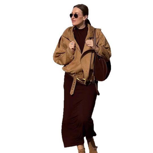 Damen Oversize Veloursleder-Jacke im Bomberstil mit Schulterklappen und taillierbarem Bund Nord Taschen