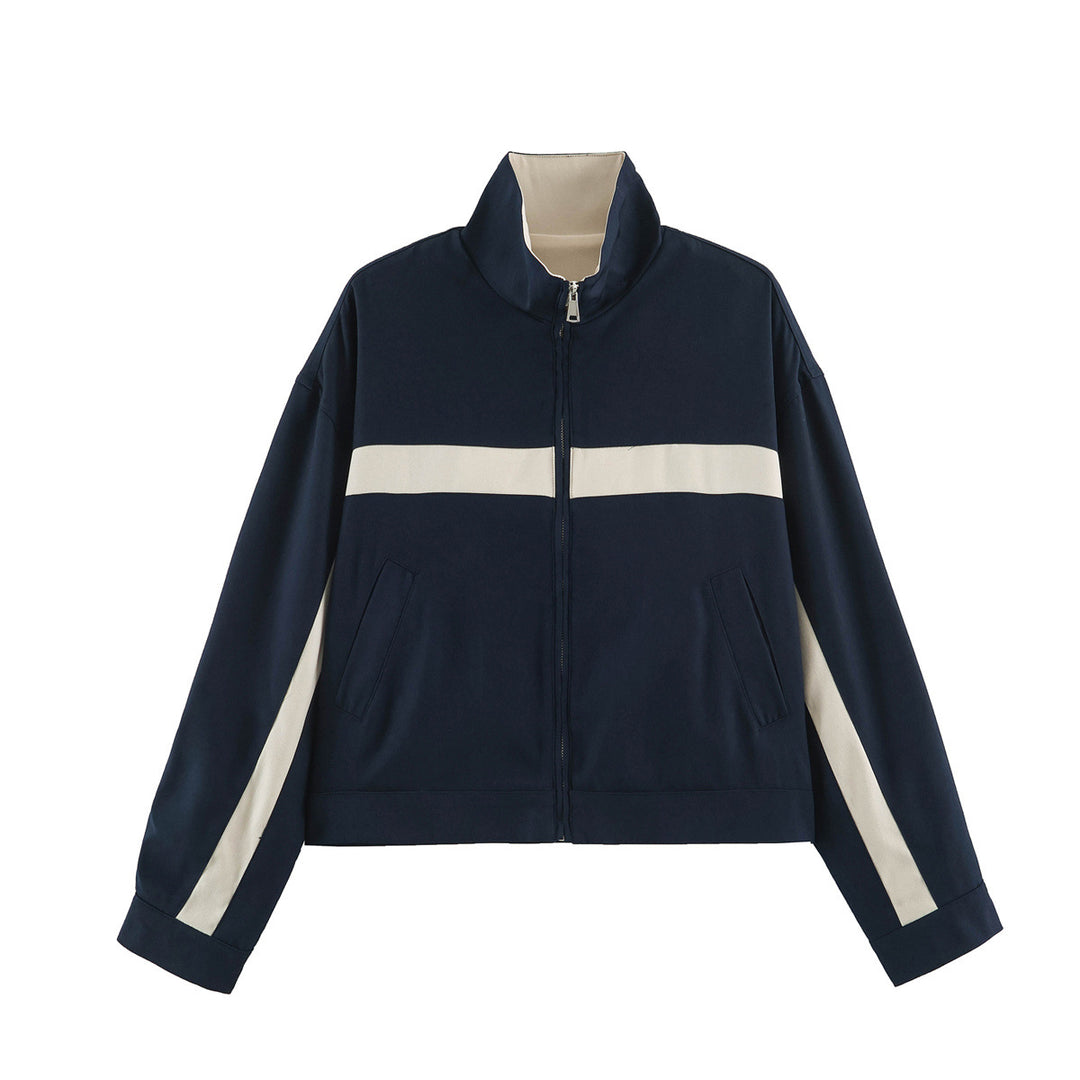 Damen Cropped Boxy-Trackjacke mit Stehkragen und Kontraststreifen Nord Taschen