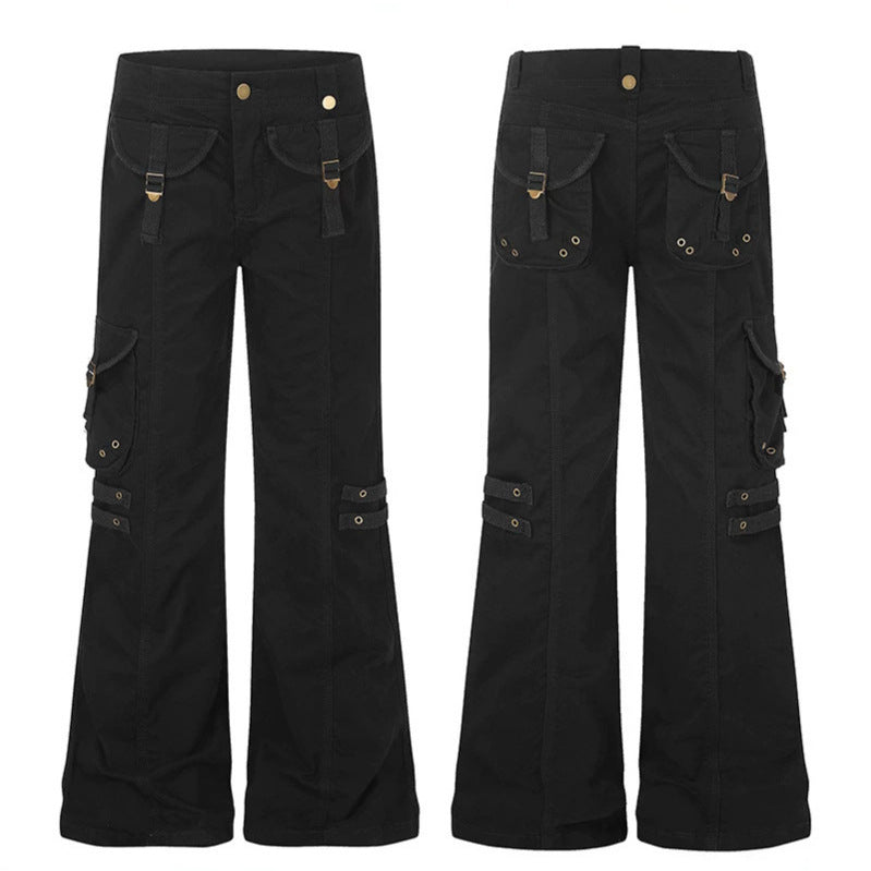Damen weite High‑Waist Cargo‑Hose mit Utility‑Taschen und Gurt‑Details Nord Taschen
