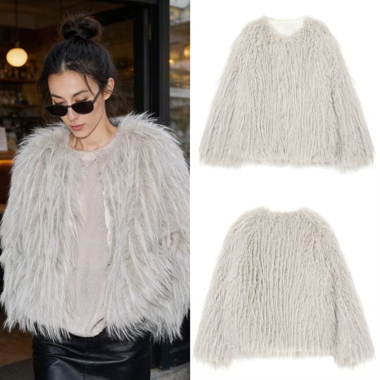 Damen Faux-Fur-Pelzjacke mit langem Shaggy-Fell und Rundhalsausschnitt Nord Taschen
