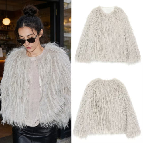 Damen Faux-Fur-Pelzjacke mit langem Shaggy-Fell und Rundhalsausschnitt Nord Taschen