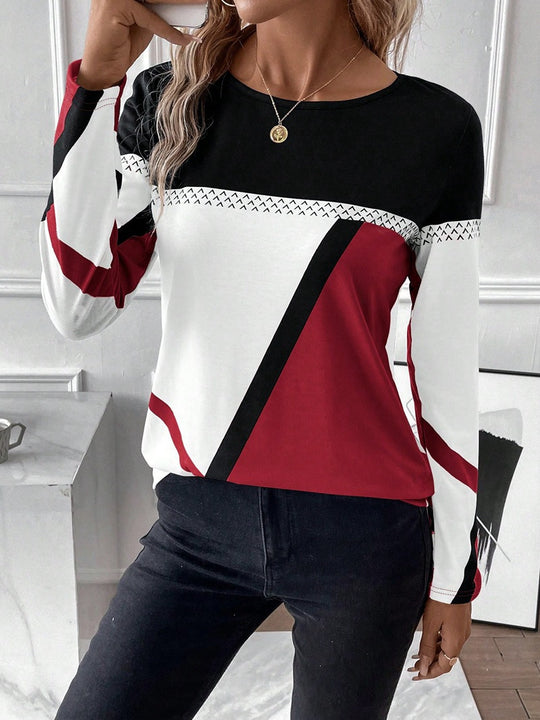 Damen Langarmshirt mit grafischem Colorblock-Design und Rundhals Nord Taschen