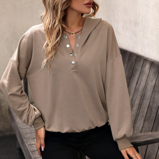 Damen Kapuzen-Henley-Pullover mit Druckknopfleiste, überschnittener Schulter und geripptem Saum Nord Taschen