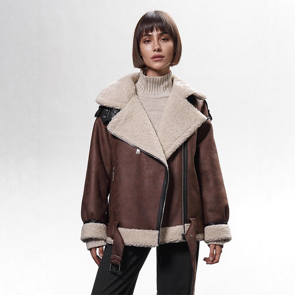 Damen Oversized Bikerjacke mit Teddyfell-Futter und verstellbaren Gürteln Nord Taschen