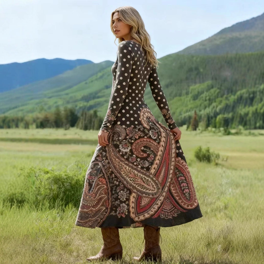 Damen Elegantes Maxikleid mit Punkten und Paisleymuster Nord Taschen