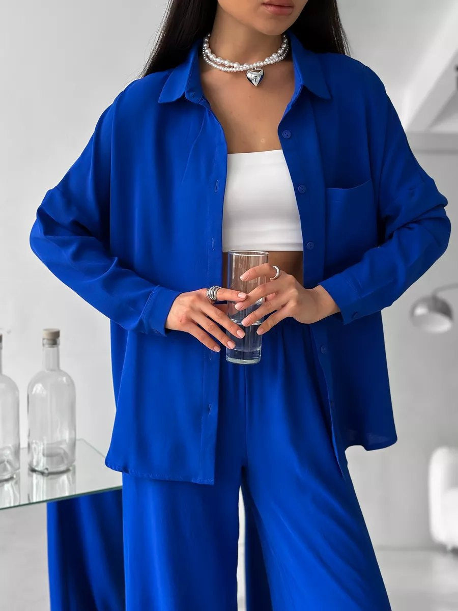 Damen Zweiteiliges Lounge-Set Oversize-Bluse mit Brusttasche und weiter Palazzo-Hose Nord Taschen