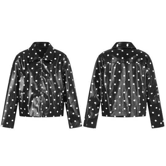 Damen Kurz geschnittene Lack‑Optik Jacke mit Polka‑Dot und Hemdkragen Nord Taschen