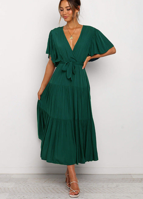 Damen Maxikleid mit tiefem V-Ausschnitt und schwingenden Ärmeln