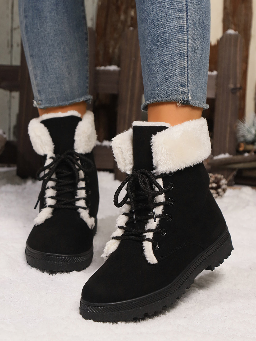 Damen Gefütterte Schnür-Boots mit Kunstfellkragen und robuster Profilsohle Nord Taschen