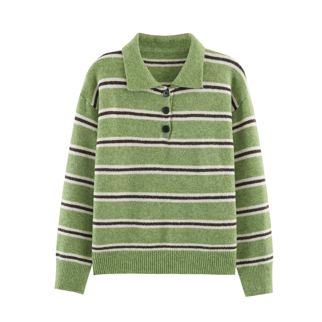 Damen Oversize-Pullover mit Polokragen und Bretonstreifen Nord Taschen