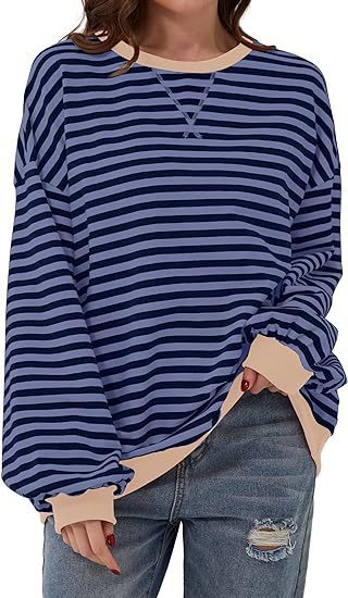 Damen Gestreifter Oversize Pullover mit Kontrastbündchen Nord Taschen