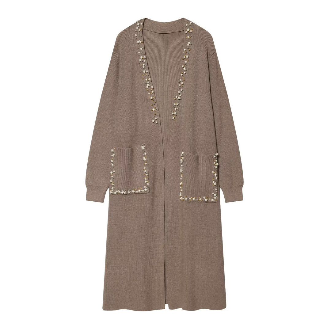 Damen langer Strickcardigan mit Perlenverzierung Nord Taschen