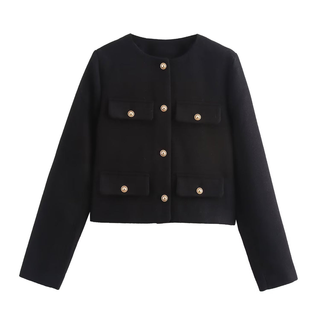 Damen Kurze Bouclé-Blazerjacke mit Rundhalsausschnitt, Zierleistentaschen und goldfarbenen Knöpfen Nord Taschen