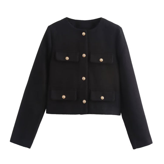 Damen Kurze Bouclé-Blazerjacke mit Rundhalsausschnitt, Zierleistentaschen und goldfarbenen Knöpfen Nord Taschen