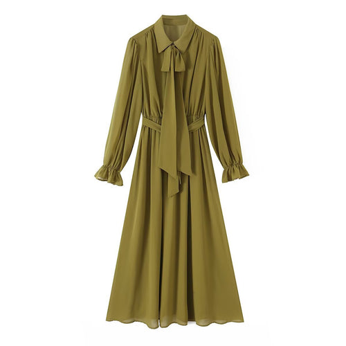 Damen Chiffon‑Maxikleid mit Bindeschleife, tailliertem Knotenband und Rüschenärmeln Nord Taschen